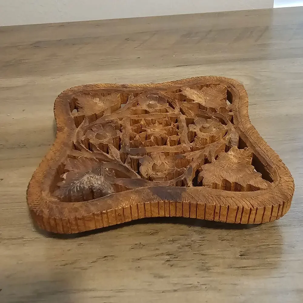 Vintage Hand Carved Wooden Trivet Indian Teak Hot Plate Boho Footed Wall Decor